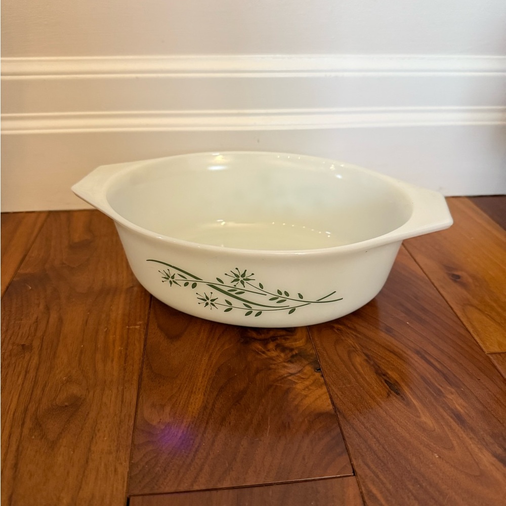 Vintage White Casserole Dish with Green Floral Design Pyrex